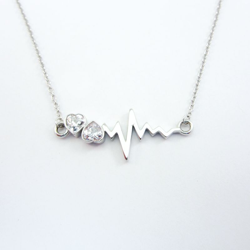 Sterling Silver Heartbeat Necklace with Two CZ Hearts - Click Image to Close
